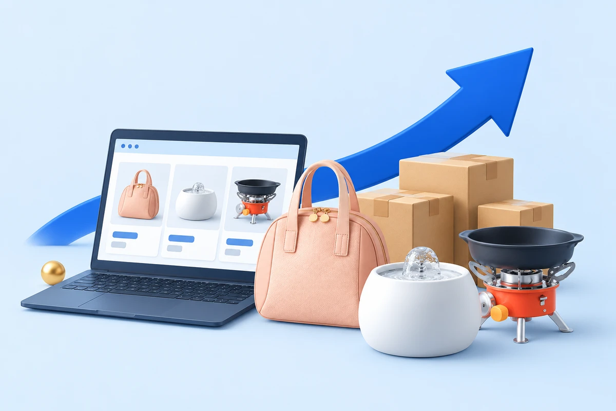 商品と荷物、上向きの矢印でネット販売を育てるイメージ